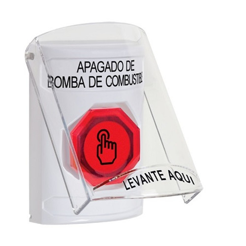 SS23A6PS-ES STI White Indoor Only Flush or Surface w/ Horn Momentary (Illuminated) with Red Lens Stopper Station with FUEL PUMP SHUT DOWN Label Spanish