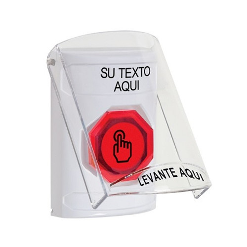 SS23A7ZA-ES STI White Indoor Only Flush or Surface w/ Horn Weather Resistant Momentary (Illuminated) with Red Lens Stopper Station with Non-Returnable Custom Text Label Spanish