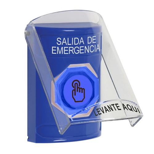 SS2426EX-ES STI Blue Indoor Only Flush or Surface Momentary (Illuminated) with Blue Lens Stopper Station with EMERGENCY EXIT Label Spanish