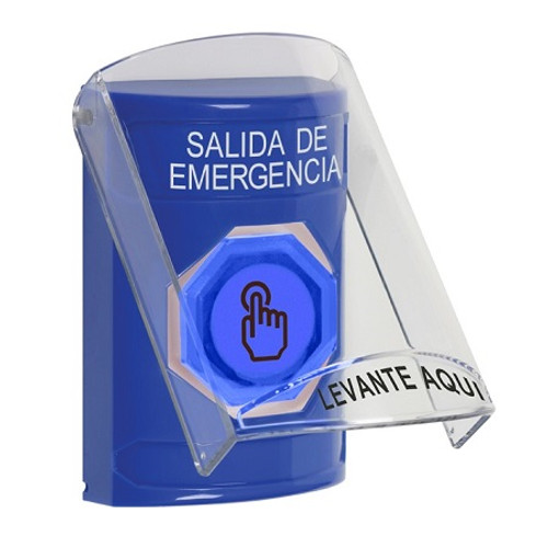 SS2427EX-ES STI Blue Indoor Only Flush or Surface Weather Resistant Momentary (Illuminated) with Blue Lens Stopper Station with EMERGENCY EXIT Label Spanish