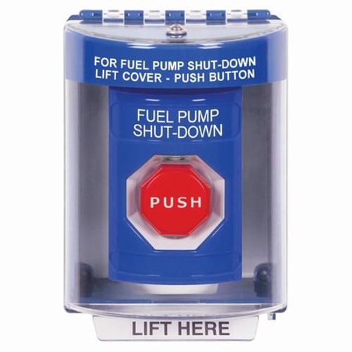 SS2485PS-EN STI Blue Indoor/Outdoor Surface w/ Horn Momentary (Illuminated) Stopper Station with FUEL PUMP SHUT DOWN Label English