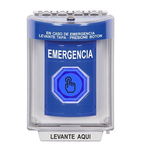 SS2446EM-ES STI Blue Indoor/Outdoor Flush w/ Horn Momentary (Illuminated) with Blue Lens Stopper Station with EMERGENCY Label Spanish