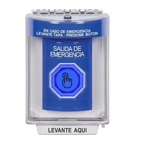 SS2446EX-ES STI Blue Indoor/Outdoor Flush w/ Horn Momentary (Illuminated) with Blue Lens Stopper Station with EMERGENCY EXIT Label Spanish