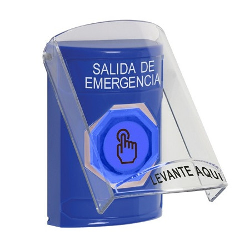 SS24A7EX-ES STI Blue Indoor Only Flush or Surface w/ Horn Weather Resistant Momentary (Illuminated) with Blue Lens Stopper Station with EMERGENCY EXIT Label Spanish