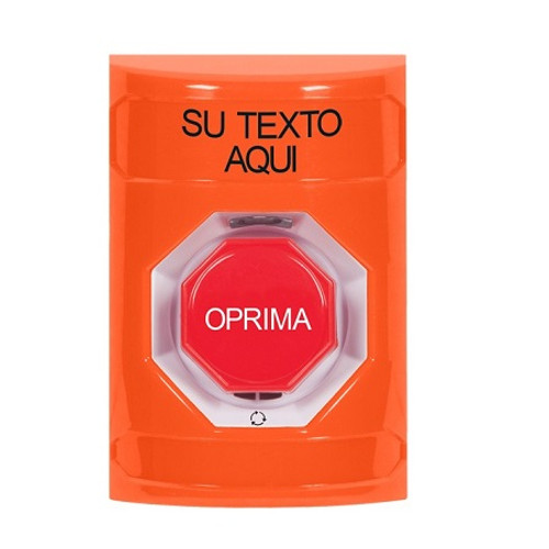 SS2509ZA-ES STI Orange No Cover Turn-to-Reset (Illuminated) Stopper Station with Non-Returnable Custom Text Label Spanish