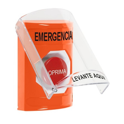SS2521EM-ES STI Orange Indoor Only Flush or Surface Turn-to-Reset Stopper Station with EMERGENCY Label Spanish