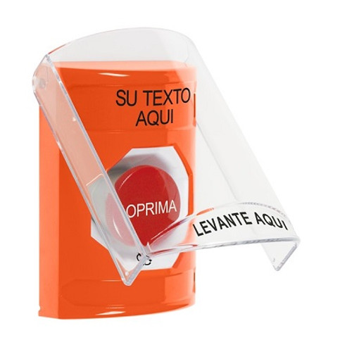 SS2521ZA-ES STI Orange Indoor Only Flush or Surface Turn-to-Reset Stopper Station with Non-Returnable Custom Text Label Spanish
