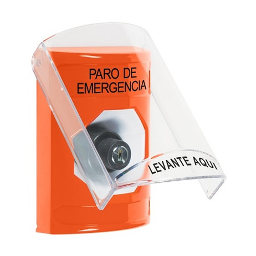 SS2523ES-ES STI Orange Indoor Only Flush or Surface Key-to-Activate Stopper Station with EMERGENCY STOP Label Spanish