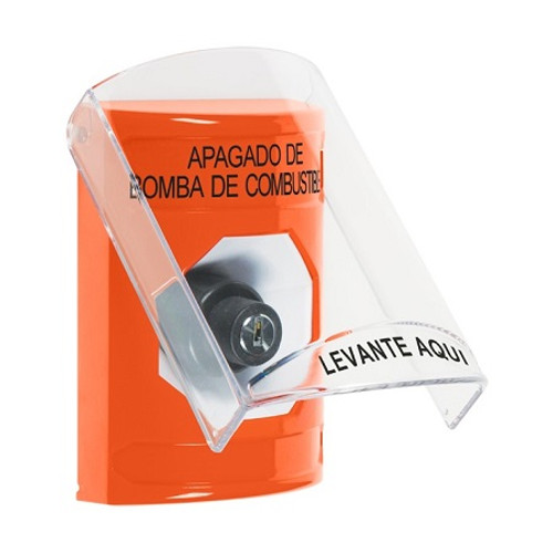 SS2523PS-ES STI Orange Indoor Only Flush or Surface Key-to-Activate Stopper Station with FUEL PUMP SHUT DOWN Label Spanish