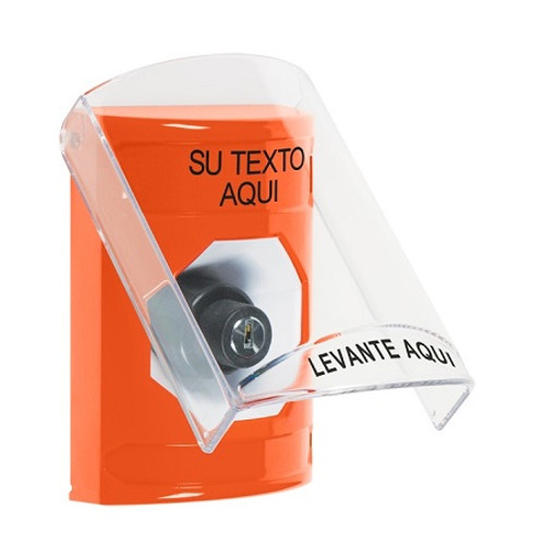 SS2523ZA-ES STI Orange Indoor Only Flush or Surface Key-to-Activate Stopper Station with Non-Returnable Custom Text Label Spanish