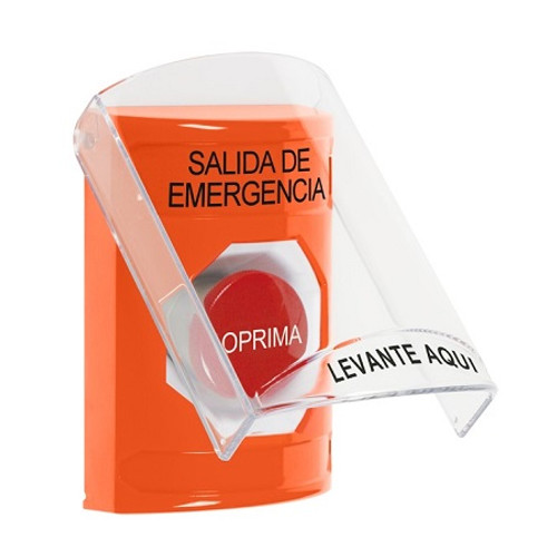 SS2524EX-ES STI Orange Indoor Only Flush or Surface Momentary Stopper Station with EMERGENCY EXIT Label Spanish