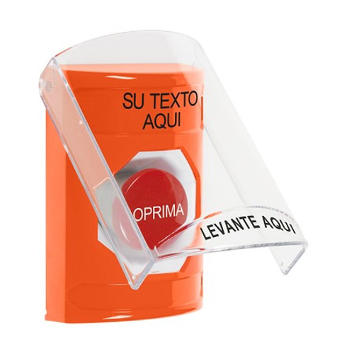 SS2524ZA-ES STI Orange Indoor Only Flush or Surface Momentary Stopper Station with Non-Returnable Custom Text Label Spanish