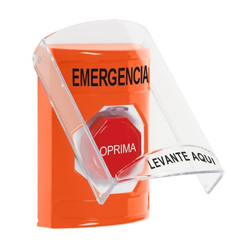 SS2525EM-ES STI Orange Indoor Only Flush or Surface Momentary (Illuminated) Stopper Station with EMERGENCY Label Spanish