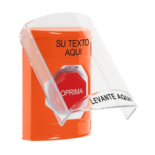 SS2525ZA-ES STI Orange Indoor Only Flush or Surface Momentary (Illuminated) Stopper Station with Non-Returnable Custom Text Label Spanish