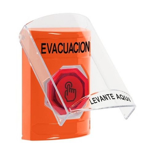 SS2526EV-ES STI Orange Indoor Only Flush or Surface Momentary (Illuminated) with Red Lens Stopper Station with EVACUATION Label Spanish