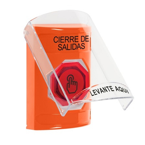 SS2526LD-ES STI Orange Indoor Only Flush or Surface Momentary (Illuminated) with Red Lens Stopper Station with LOCKDOWN Label Spanish