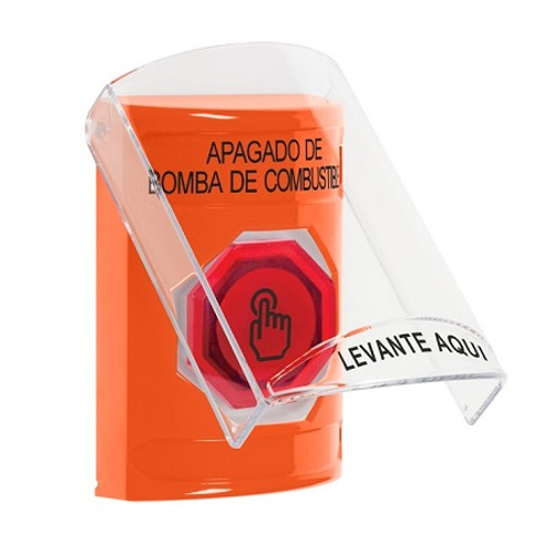 SS2526PS-ES STI Orange Indoor Only Flush or Surface Momentary (Illuminated) with Red Lens Stopper Station with FUEL PUMP SHUT DOWN Label Spanish