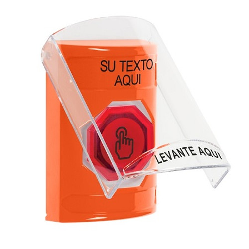 SS2526ZA-ES STI Orange Indoor Only Flush or Surface Momentary (Illuminated) with Red Lens Stopper Station with Non-Returnable Custom Text Label Spanish