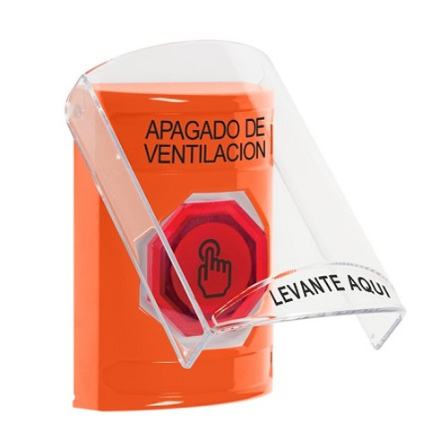 SS2527HV-ES STI Orange Indoor Only Flush or Surface Weather Resistant Momentary (Illuminated) with Red Lens Stopper Station with HVAC SHUT DOWN Label Spanish