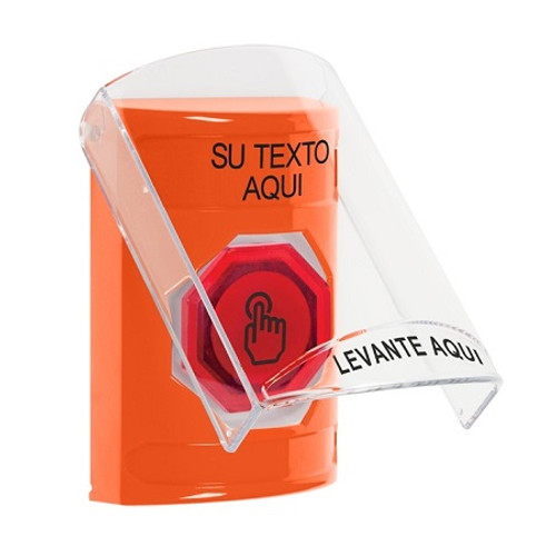 SS2527ZA-ES STI Orange Indoor Only Flush or Surface Weather Resistant Momentary (Illuminated) with Red Lens Stopper Station with Non-Returnable Custom Text Label Spanish