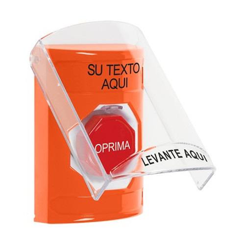SS2528ZA-ES STI Orange Indoor Only Flush or Surface Pneumatic (Illuminated) Stopper Station with Non-Returnable Custom Text Label Spanish