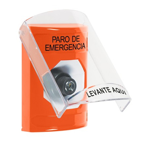 SS25A3ES-ES STI Orange Indoor Only Flush or Surface w/ Horn Key-to-Activate Stopper Station with EMERGENCY STOP Label Spanish