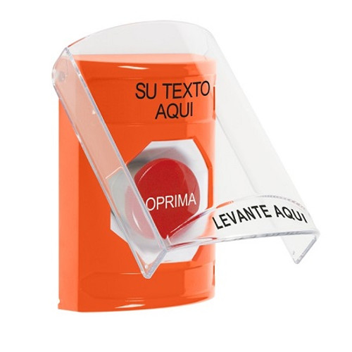 SS25A4ZA-ES STI Orange Indoor Only Flush or Surface w/ Horn Momentary Stopper Station with Non-Returnable Custom Text Label Spanish