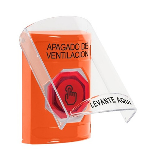 SS25A6HV-ES STI Orange Indoor Only Flush or Surface w/ Horn Momentary (Illuminated) with Red Lens Stopper Station with HVAC SHUT DOWN Label Spanish