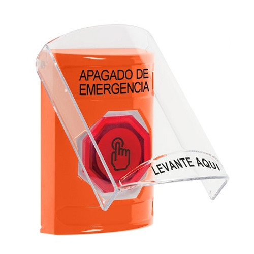 SS25A6PO-ES STI Orange Indoor Only Flush or Surface w/ Horn Momentary (Illuminated) with Red Lens Stopper Station with EMERGENCY POWER OFF Label Spanish