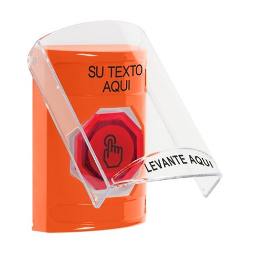 SS25A6ZA-ES STI Orange Indoor Only Flush or Surface w/ Horn Momentary (Illuminated) with Red Lens Stopper Station with Non-Returnable Custom Text Label Spanish