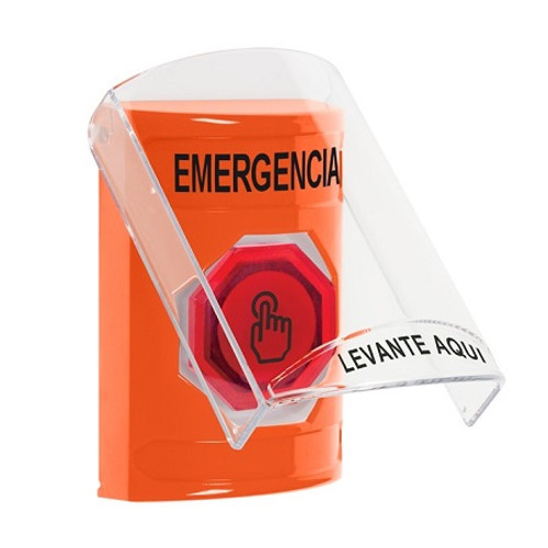 SS25A7EM-ES STI Orange Indoor Only Flush or Surface w/ Horn Weather Resistant Momentary (Illuminated) with Red Lens Stopper Station with EMERGENCY Label Spanish