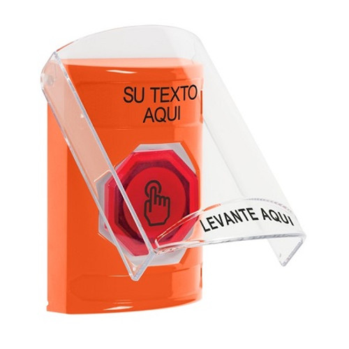 SS25A7ZA-ES STI Orange Indoor Only Flush or Surface w/ Horn Weather Resistant Momentary (Illuminated) with Red Lens Stopper Station with Non-Returnable Custom Text Label Spanish