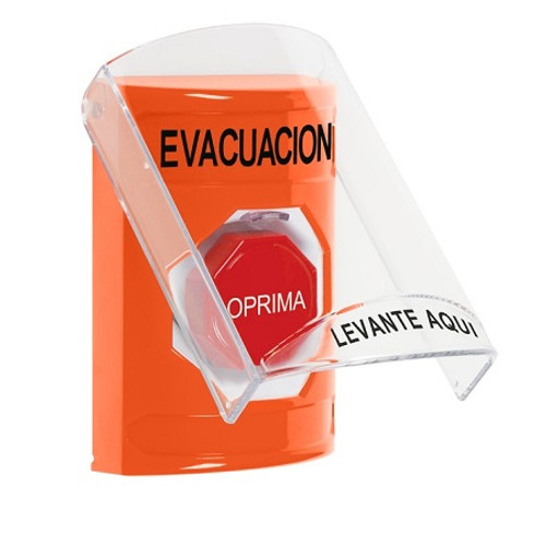 SS25A8EV-ES STI Orange Indoor Only Flush or Surface w/ Horn Pneumatic (Illuminated) Stopper Station with EVACUATION Label Spanish