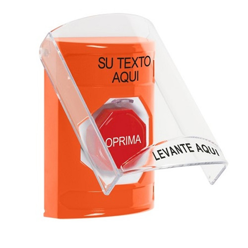 SS25A8ZA-ES STI Orange Indoor Only Flush or Surface w/ Horn Pneumatic (Illuminated) Stopper Station with Non-Returnable Custom Text Label Spanish