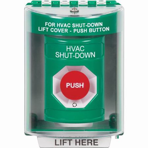 SS2171HV-EN STI Green Indoor/Outdoor Surface Turn-to-Reset Stopper Station with HVAC SHUT DOWN Label English