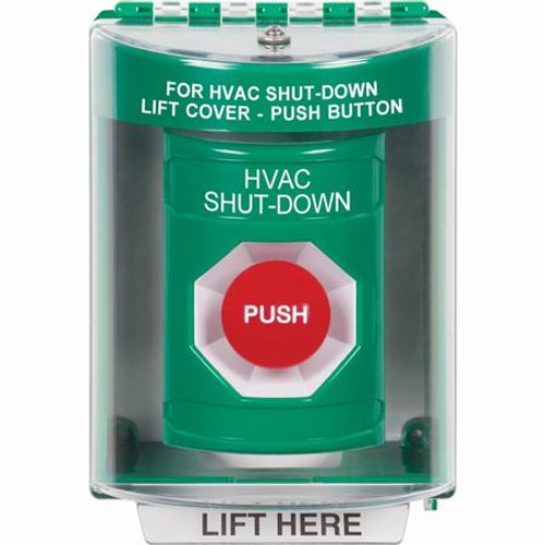 SS2184HV-EN STI Green Indoor/Outdoor Surface w/ Horn Momentary Stopper Station with HVAC SHUT DOWN Label English