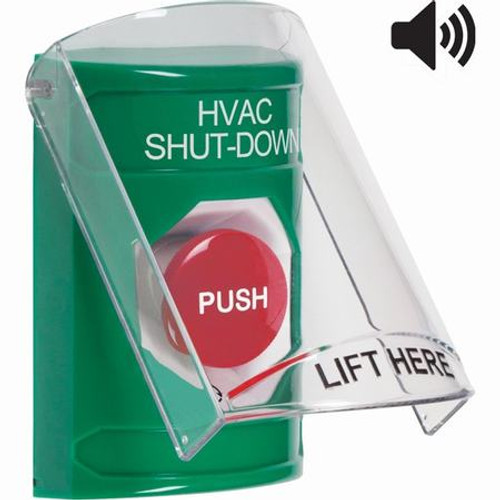 SS21A1HV-EN STI Green Indoor Only Flush or Surface w/ Horn Turn-to-Reset Stopper Station with HVAC SHUT DOWN Label English