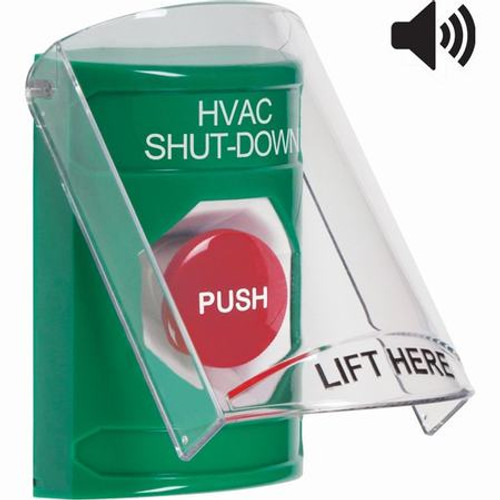 SS21A4HV-EN STI Green Indoor Only Flush or Surface w/ Horn Momentary Stopper Station with HVAC SHUT DOWN Label English