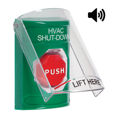 SS21A5HV-EN STI Green Indoor Only Flush or Surface w/ Horn Momentary (Illuminated) Stopper Station with HVAC SHUT DOWN Label English