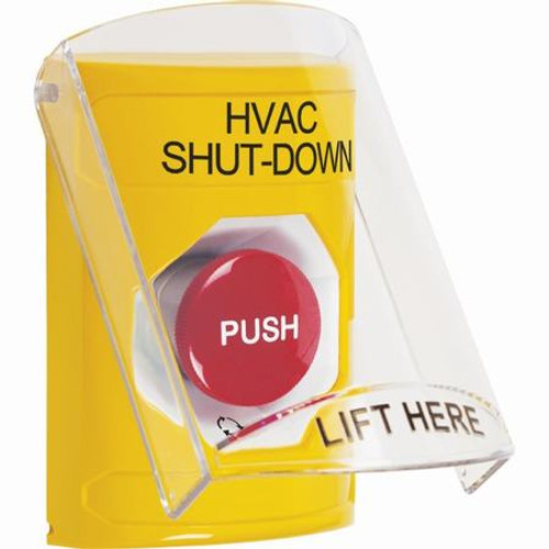 SS2221HV-EN STI Yellow Indoor Only Flush or Surface Turn-to-Reset Stopper Station with HVAC SHUT DOWN Label English