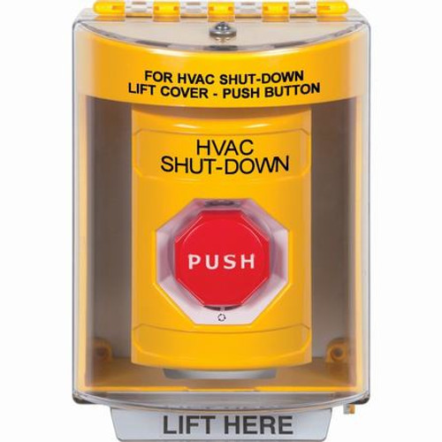 SS2279HV-EN STI Yellow Indoor/Outdoor Surface Turn-to-Reset (Illuminated) Stopper Station with HVAC SHUT DOWN Label English