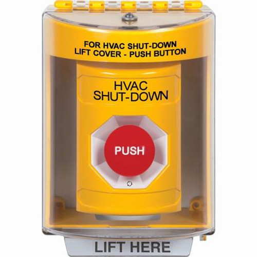 SS2281HV-EN STI Yellow Indoor/Outdoor Surface w/ Horn Turn-to-Reset Stopper Station with HVAC SHUT DOWN Label English