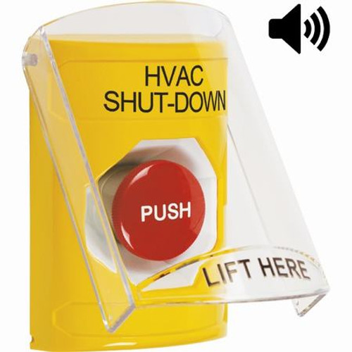 SS22A4HV-EN STI Yellow Indoor Only Flush or Surface w/ Horn Momentary Stopper Station with HVAC SHUT DOWN Label English