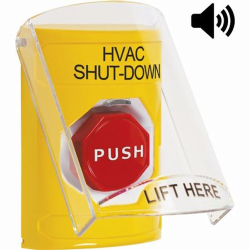 SS22A5HV-EN STI Yellow Indoor Only Flush or Surface w/ Horn Momentary (Illuminated) Stopper Station with HVAC SHUT DOWN Label English