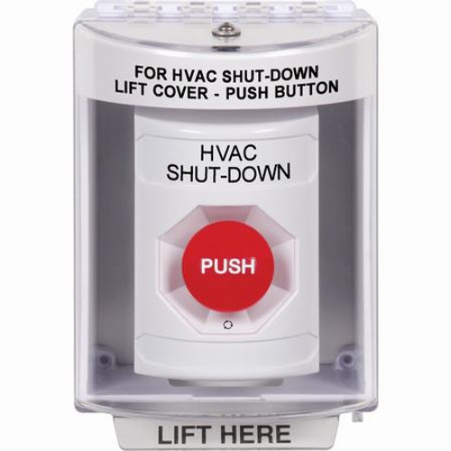 SS2371HV-EN STI White Indoor/Outdoor Surface Turn-to-Reset Stopper Station with HVAC SHUT DOWN Label English