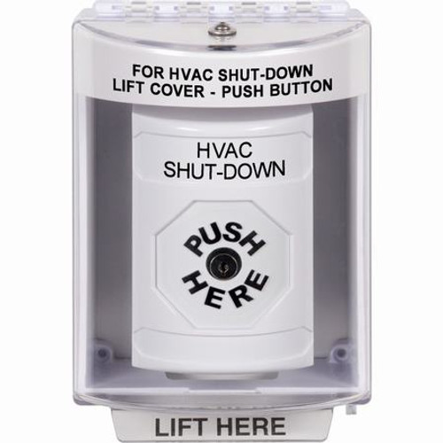 SS2380HV-EN STI White Indoor/Outdoor Surface w/ Horn Key-to-Reset Stopper Station with HVAC SHUT DOWN Label English