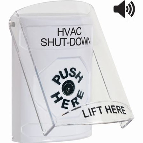 SS23A0HV-EN STI White Indoor Only Flush or Surface w/ Horn Key-to-Reset Stopper Station with HVAC SHUT DOWN Label English
