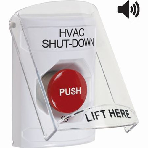 SS23A1HV-EN STI White Indoor Only Flush or Surface w/ Horn Turn-to-Reset Stopper Station with HVAC SHUT DOWN Label English
