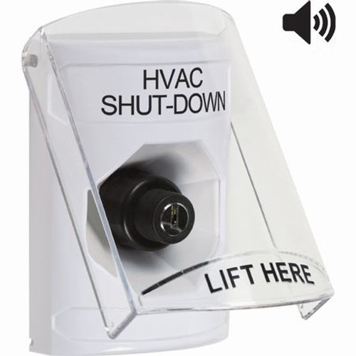 SS23A3HV-EN STI White Indoor Only Flush or Surface w/ Horn Key-to-Activate Stopper Station with HVAC SHUT DOWN Label English
