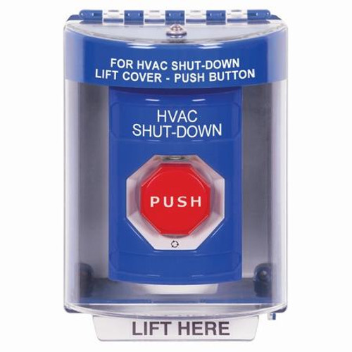 SS2479HV-EN STI Blue Indoor/Outdoor Surface Turn-to-Reset (Illuminated) Stopper Station with HVAC SHUT DOWN Label English